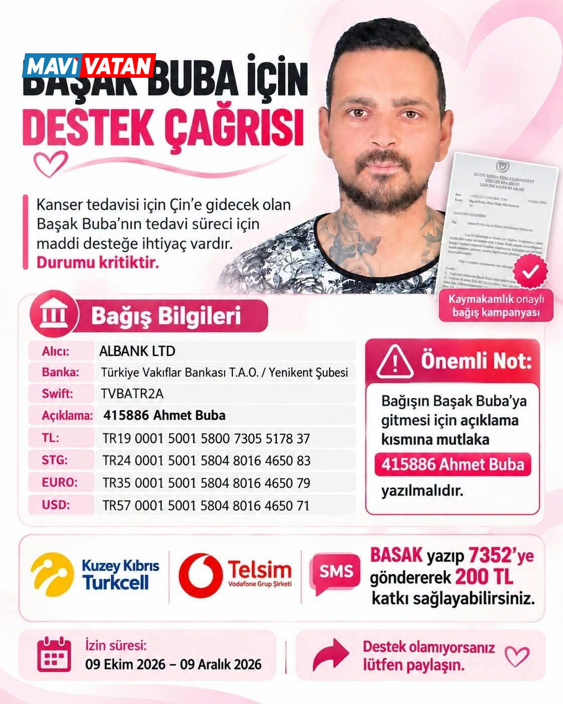 Şenkul’dan kanser tedavisi için Çin’e gidecek olan Başak Buba'ya destek çağrısı